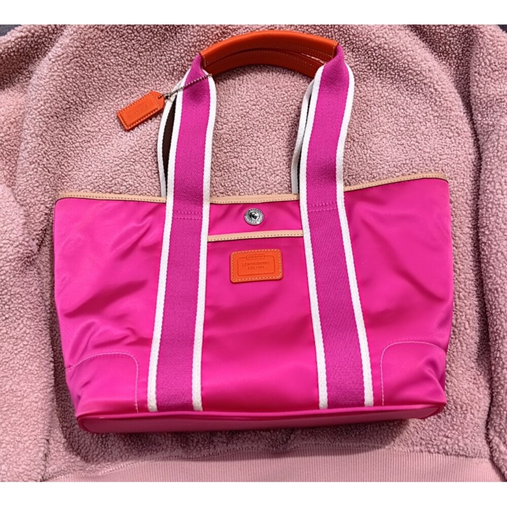 Y2K Hot Pink Hamptons Tote Orange Trim Chocolate Brown Accents Never Carried - Picture 2 of 12